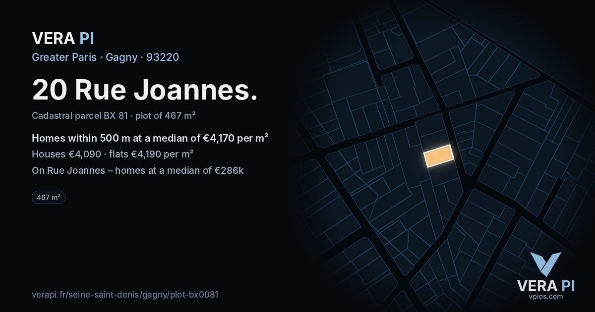 20 Rue Joannes, Gagny at night – the plot lit, the parcels around coloured by the prices near them