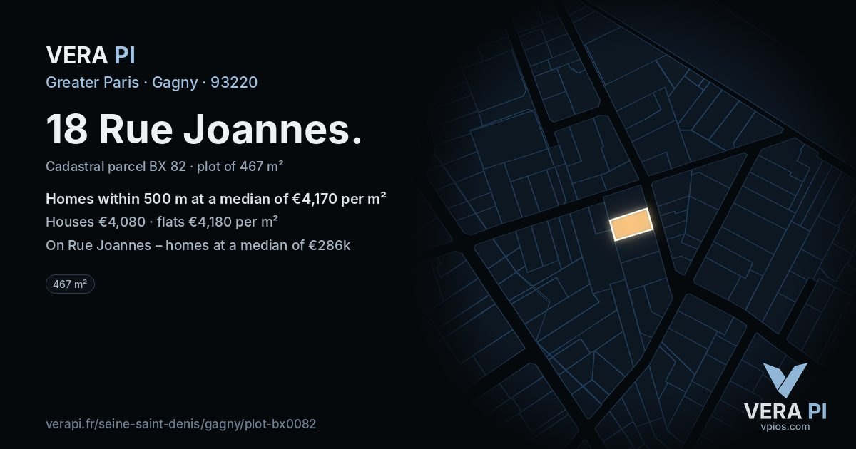 18 Rue Joannes, Gagny at night – the plot lit, the parcels around coloured by the prices near them