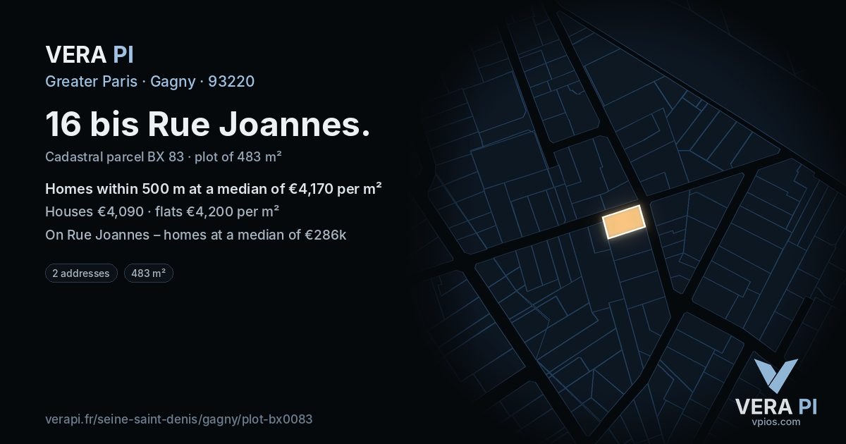 16 bis Rue Joannes, Gagny at night – the plot lit, the parcels around coloured by the prices near them