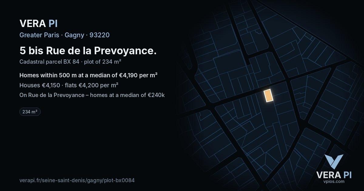 5 bis Rue de la Prevoyance, Gagny at night – the plot lit, the parcels around coloured by the prices near them