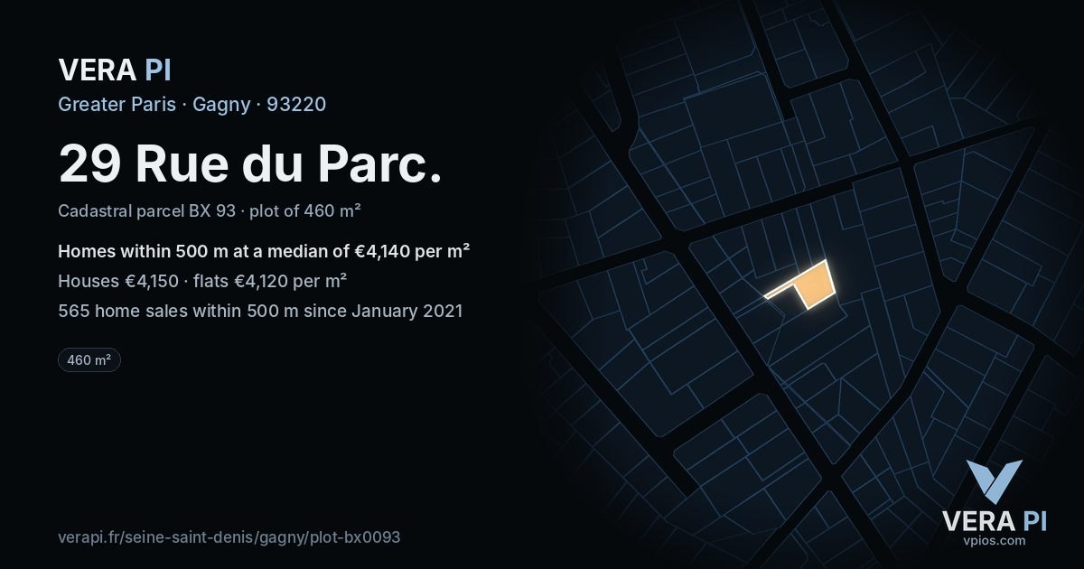 29 Rue du Parc, Gagny at night – the plot lit, the parcels around coloured by the prices near them