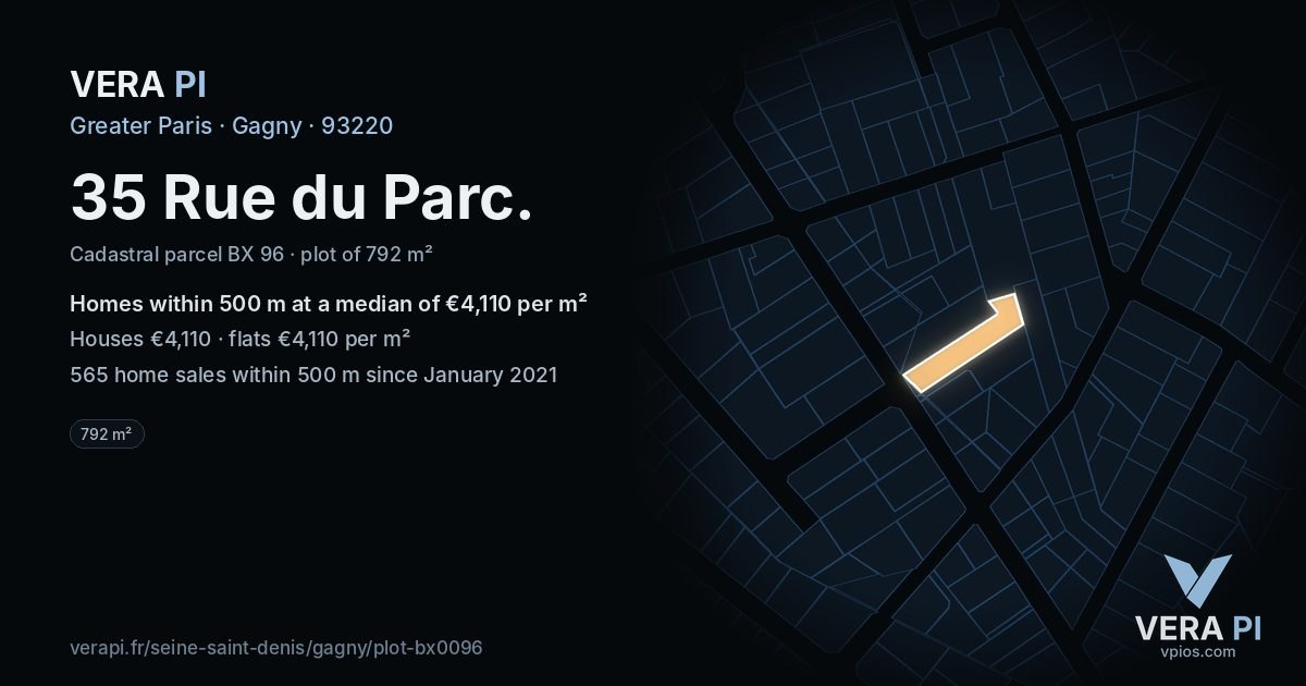 35 Rue du Parc, Gagny at night – the plot lit, the parcels around coloured by the prices near them