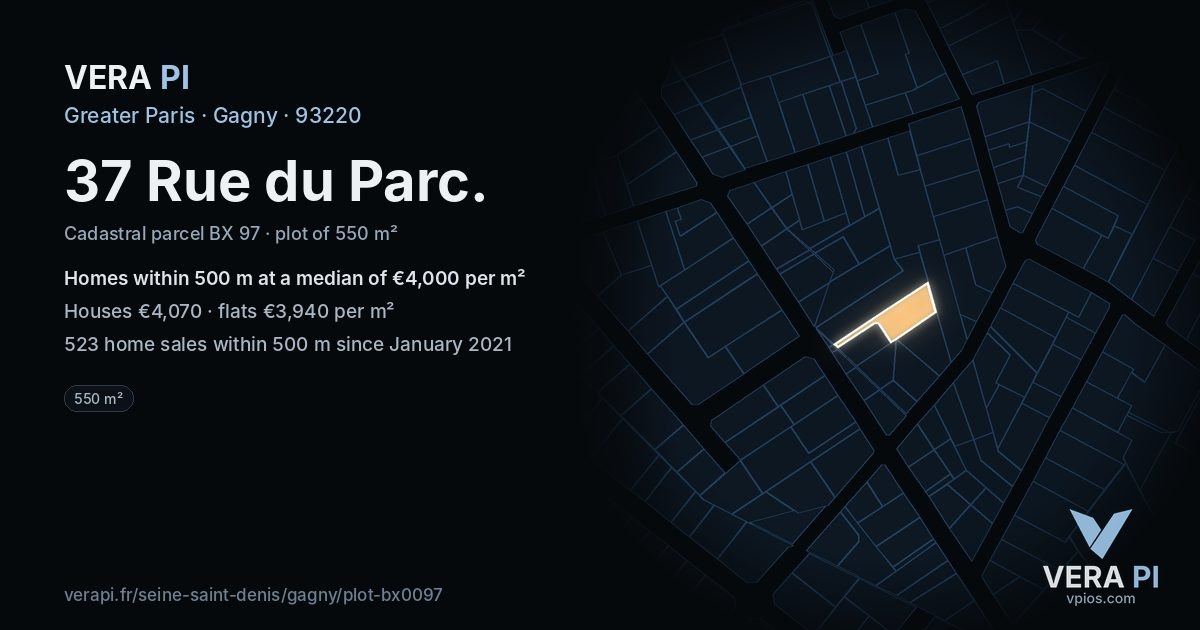 37 Rue du Parc, Gagny at night – the plot lit, the parcels around coloured by the prices near them