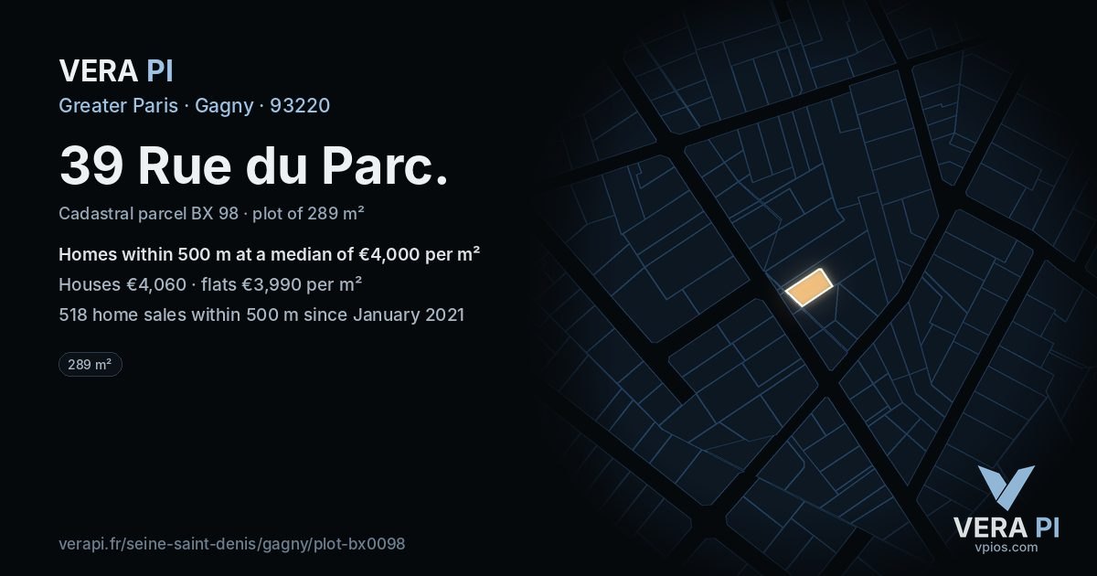 39 Rue du Parc, Gagny at night – the plot lit, the parcels around coloured by the prices near them