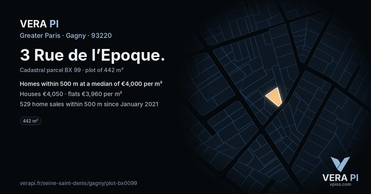 3 Rue de l’Epoque, Gagny at night – the plot lit, the parcels around coloured by the prices near them