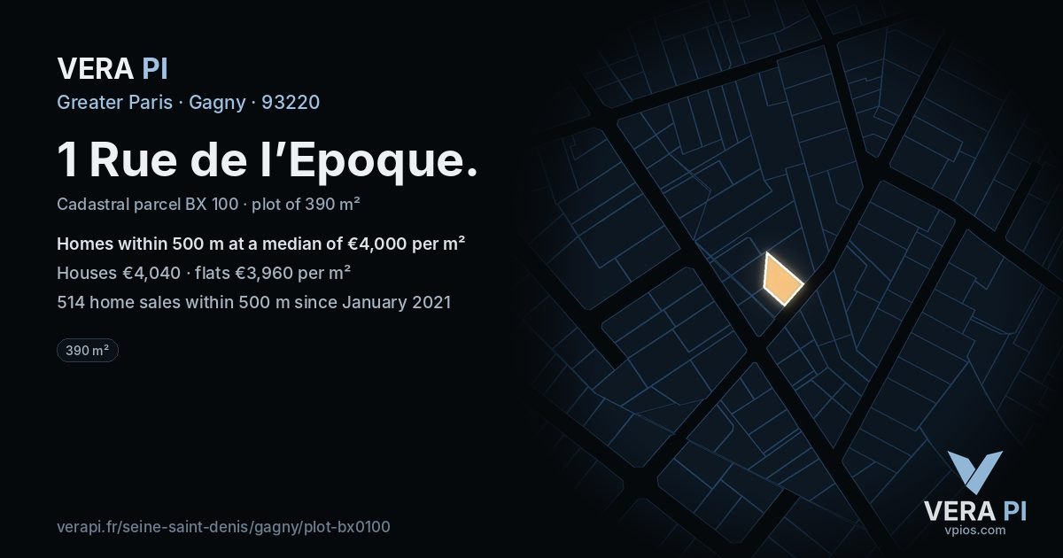 1 Rue de l’Epoque, Gagny at night – the plot lit, the parcels around coloured by the prices near them