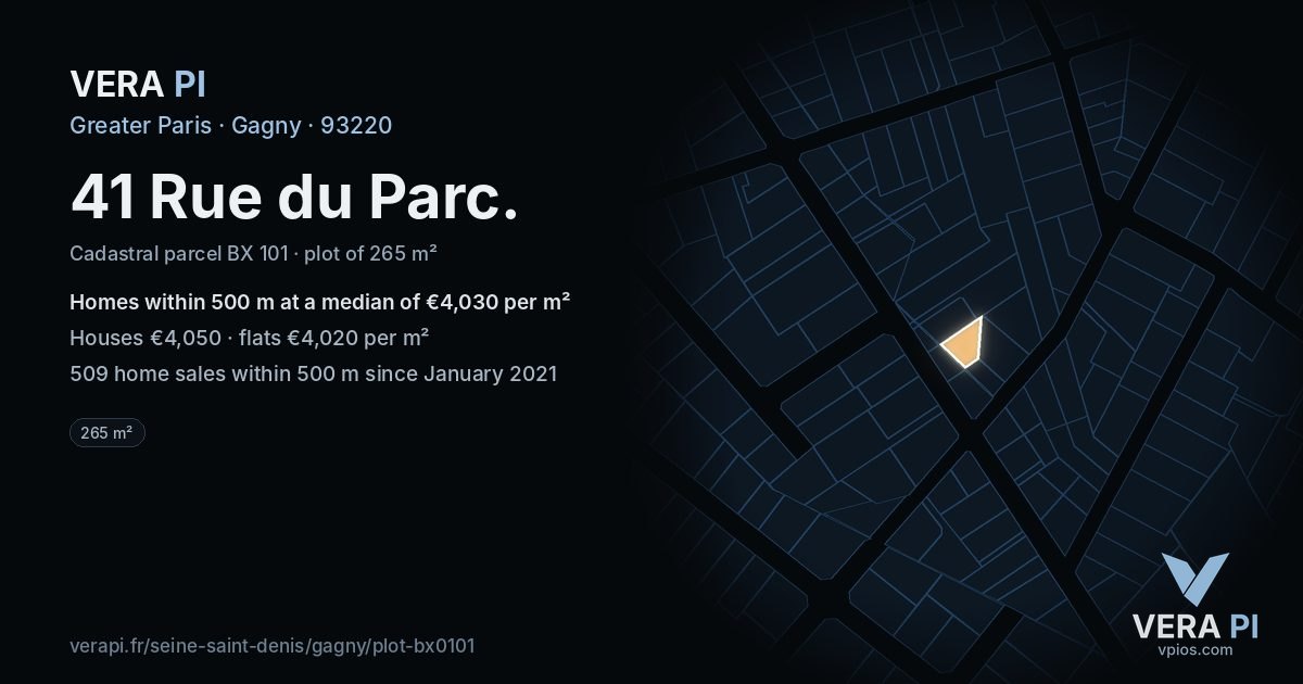 41 Rue du Parc, Gagny at night – the plot lit, the parcels around coloured by the prices near them