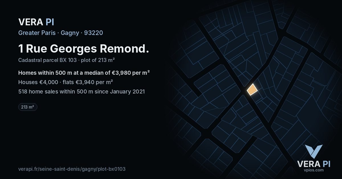 1 Rue Georges Remond, Gagny at night – the plot lit, the parcels around coloured by the prices near them