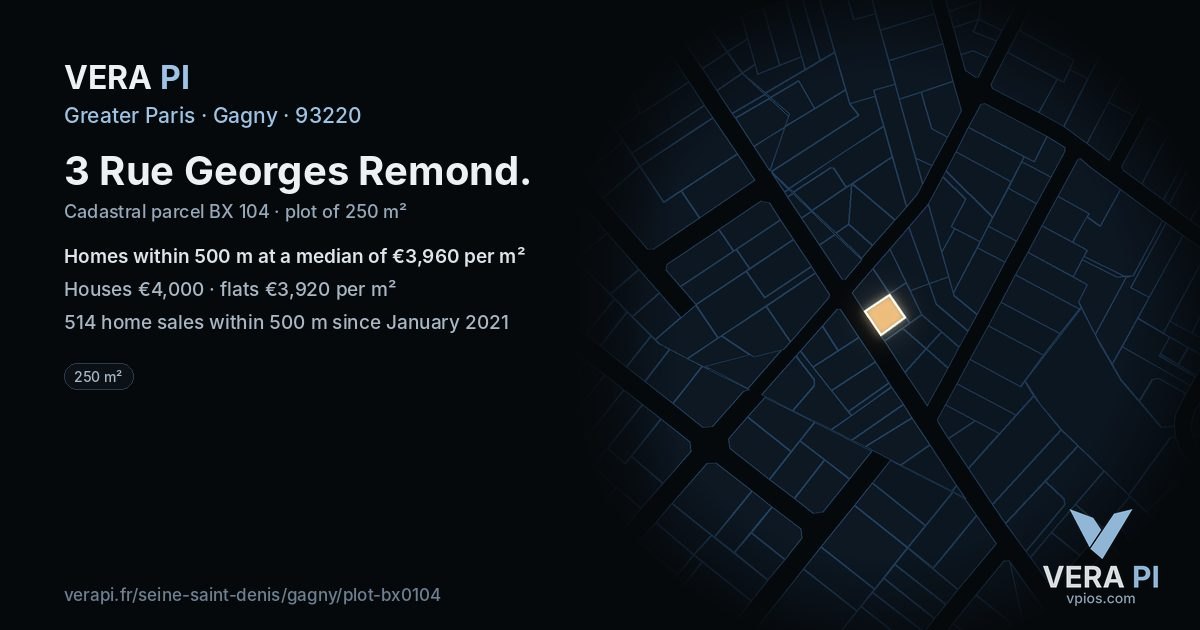 3 Rue Georges Remond, Gagny at night – the plot lit, the parcels around coloured by the prices near them