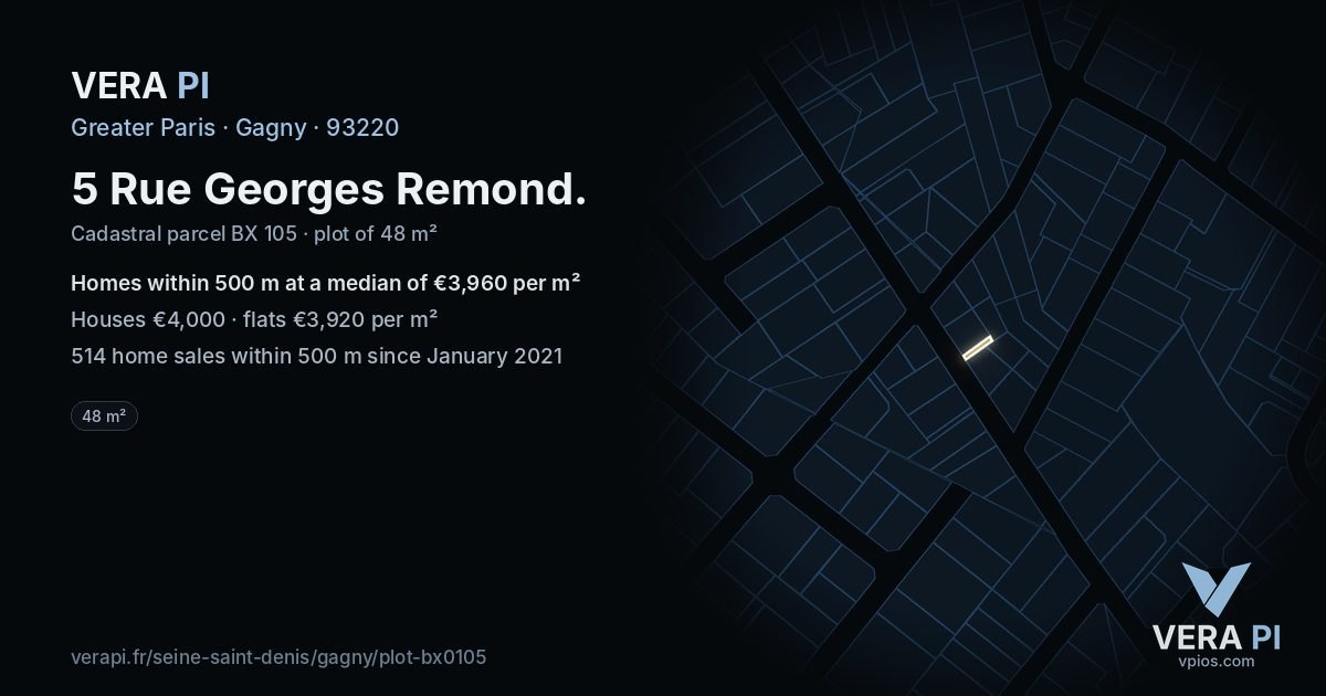 5 Rue Georges Remond, Gagny at night – the plot lit, the parcels around coloured by the prices near them