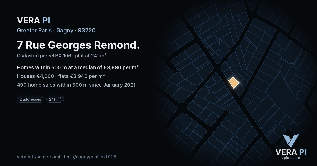7 Rue Georges Remond, Gagny at night – the plot lit, the parcels around coloured by the prices near them
