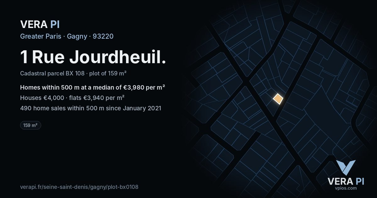 1 Rue Jourdheuil, Gagny at night – the plot lit, the parcels around coloured by the prices near them