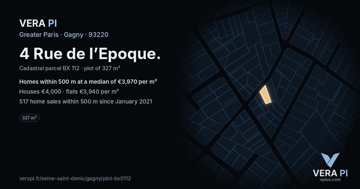 4 Rue de l’Epoque, Gagny at night – the plot lit, the parcels around coloured by the prices near them