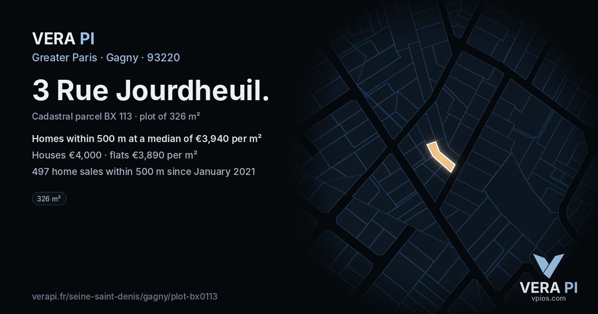 3 Rue Jourdheuil, Gagny at night – the plot lit, the parcels around coloured by the prices near them
