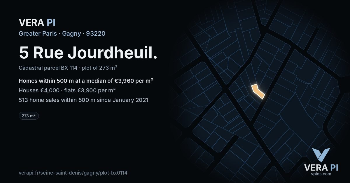5 Rue Jourdheuil, Gagny at night – the plot lit, the parcels around coloured by the prices near them