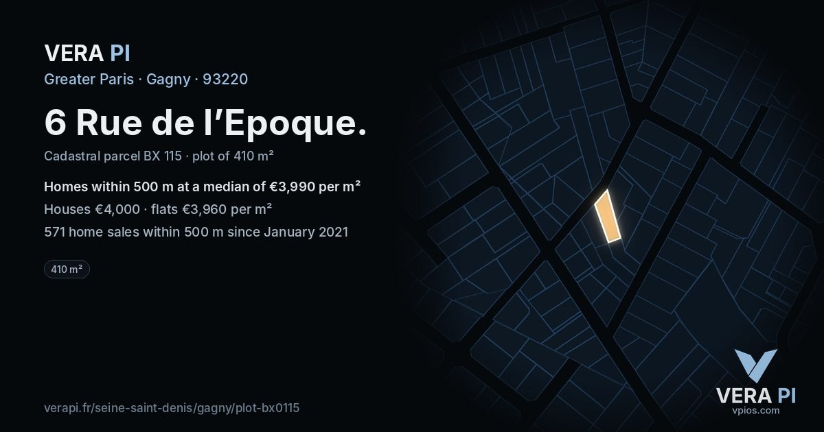 6 Rue de l’Epoque, Gagny at night – the plot lit, the parcels around coloured by the prices near them
