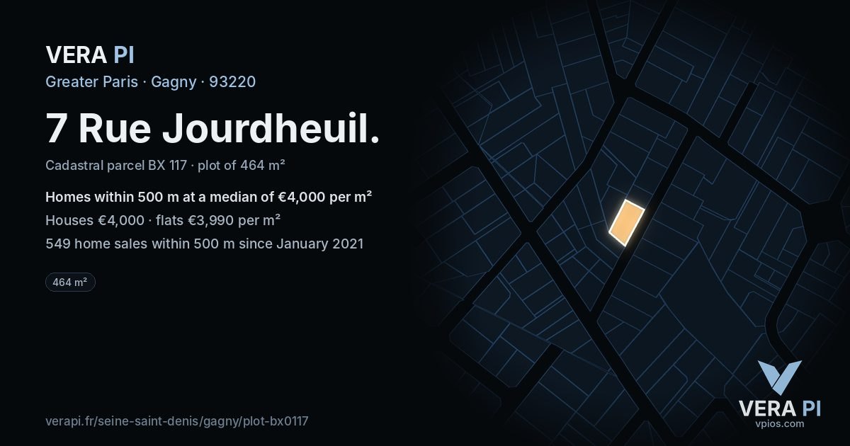 7 Rue Jourdheuil, Gagny at night – the plot lit, the parcels around coloured by the prices near them