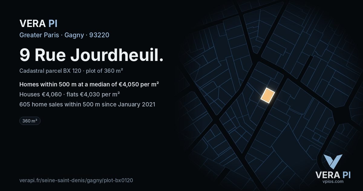9 Rue Jourdheuil, Gagny at night – the plot lit, the parcels around coloured by the prices near them