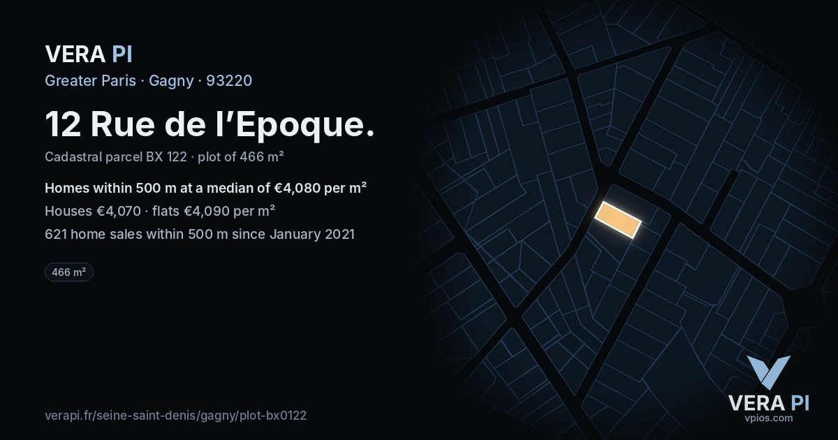 12 Rue de l’Epoque, Gagny at night – the plot lit, the parcels around coloured by the prices near them