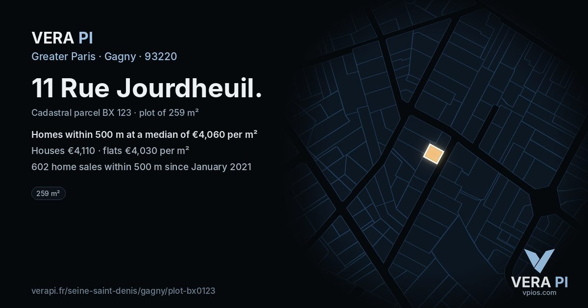 11 Rue Jourdheuil, Gagny at night – the plot lit, the parcels around coloured by the prices near them