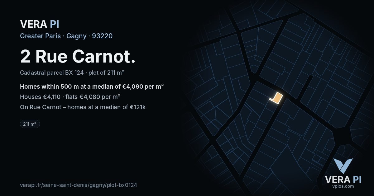 2 Rue Carnot, Gagny at night – the plot lit, the parcels around coloured by the prices near them