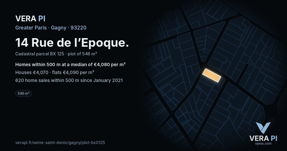 14 Rue de l’Epoque, Gagny at night – the plot lit, the parcels around coloured by the prices near them