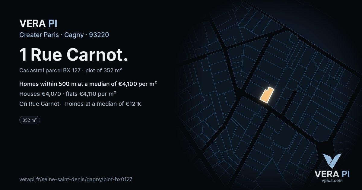 1 Rue Carnot, Gagny at night – the plot lit, the parcels around coloured by the prices near them