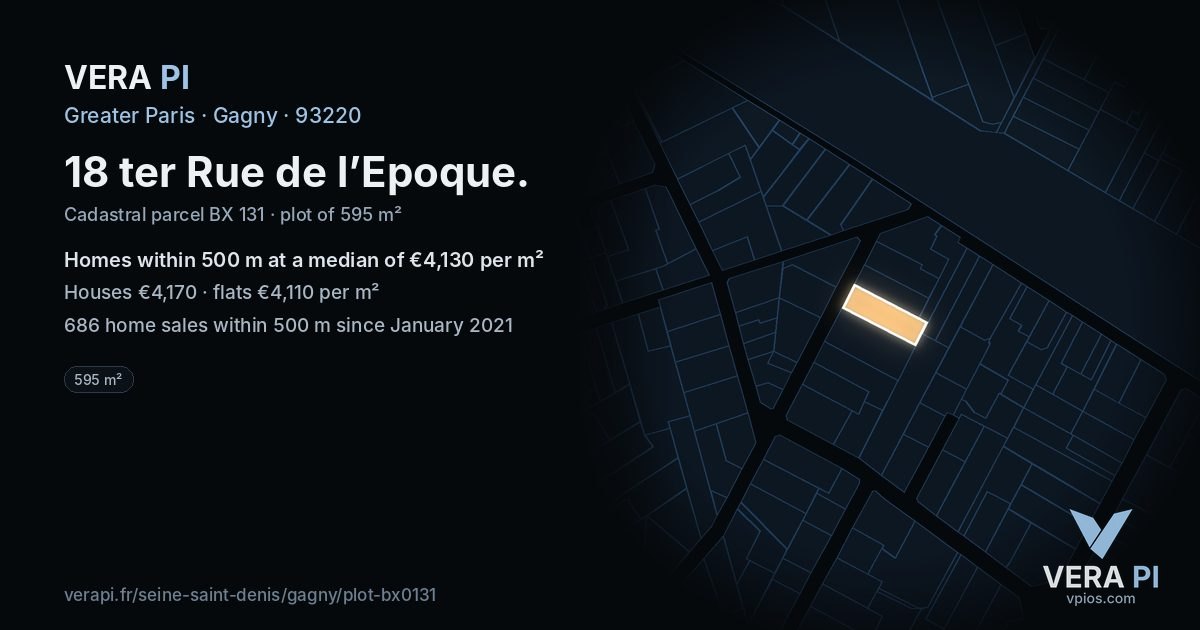 18 ter Rue de l’Epoque, Gagny at night – the plot lit, the parcels around coloured by the prices near them