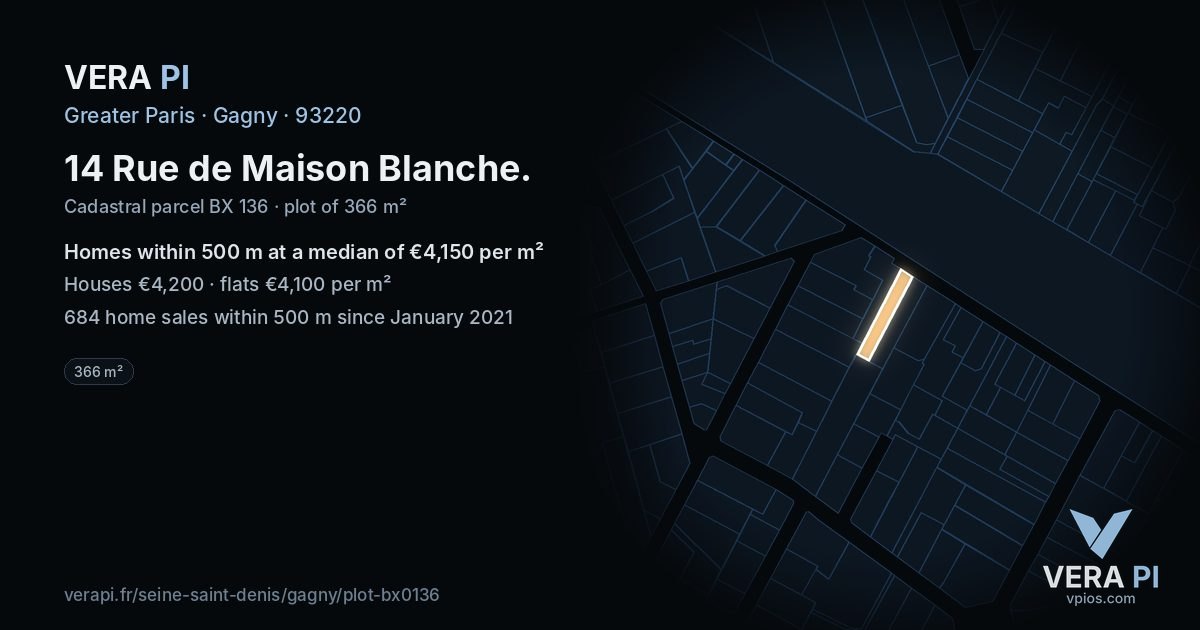14 Rue de Maison Blanche, Gagny at night – the plot lit, the parcels around coloured by the prices near them
