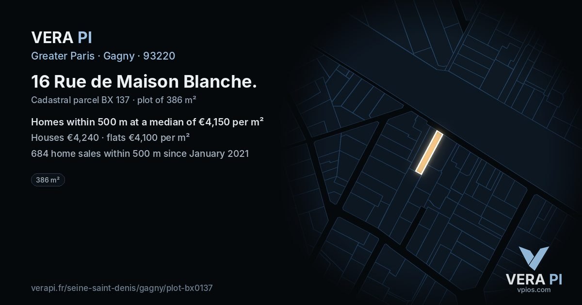 16 Rue de Maison Blanche, Gagny at night – the plot lit, the parcels around coloured by the prices near them