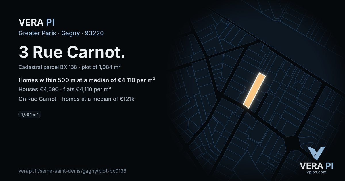3 Rue Carnot, Gagny at night – the plot lit, the parcels around coloured by the prices near them