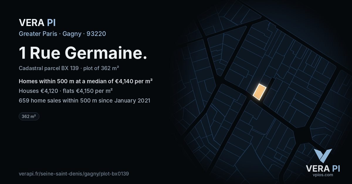 1 Rue Germaine, Gagny at night – the plot lit, the parcels around coloured by the prices near them