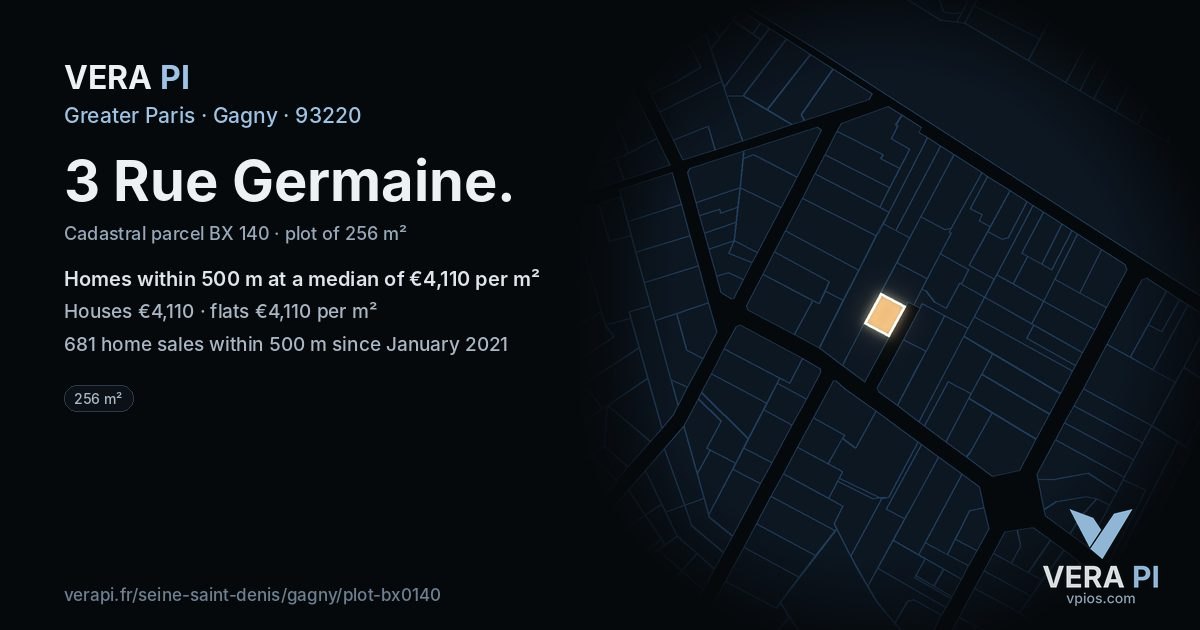 3 Rue Germaine, Gagny at night – the plot lit, the parcels around coloured by the prices near them