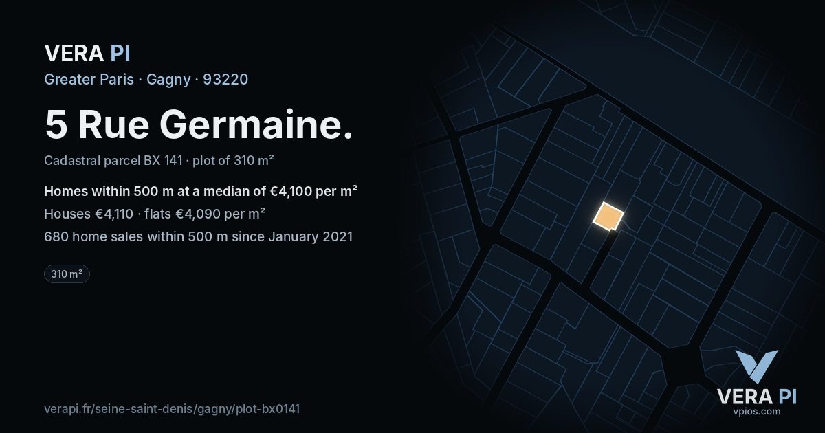5 Rue Germaine, Gagny at night – the plot lit, the parcels around coloured by the prices near them