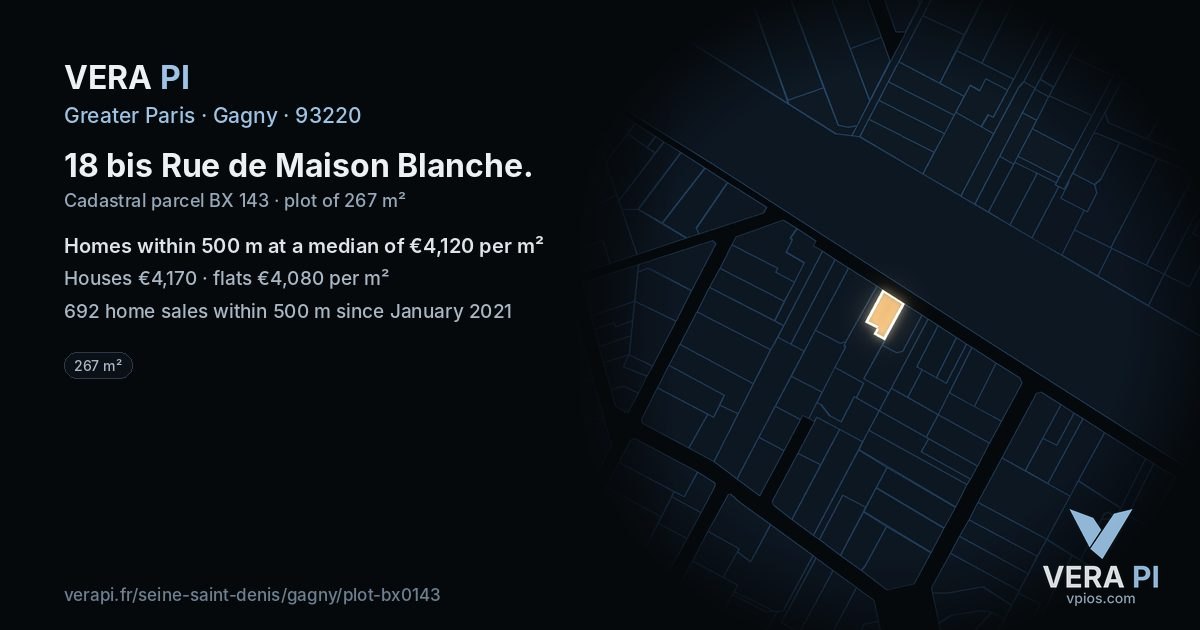 18 bis Rue de Maison Blanche, Gagny at night – the plot lit, the parcels around coloured by the prices near them