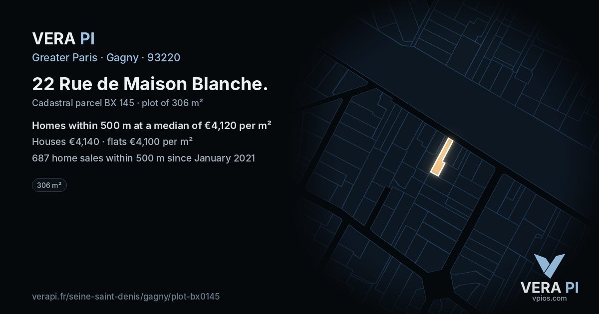 22 Rue de Maison Blanche, Gagny at night – the plot lit, the parcels around coloured by the prices near them