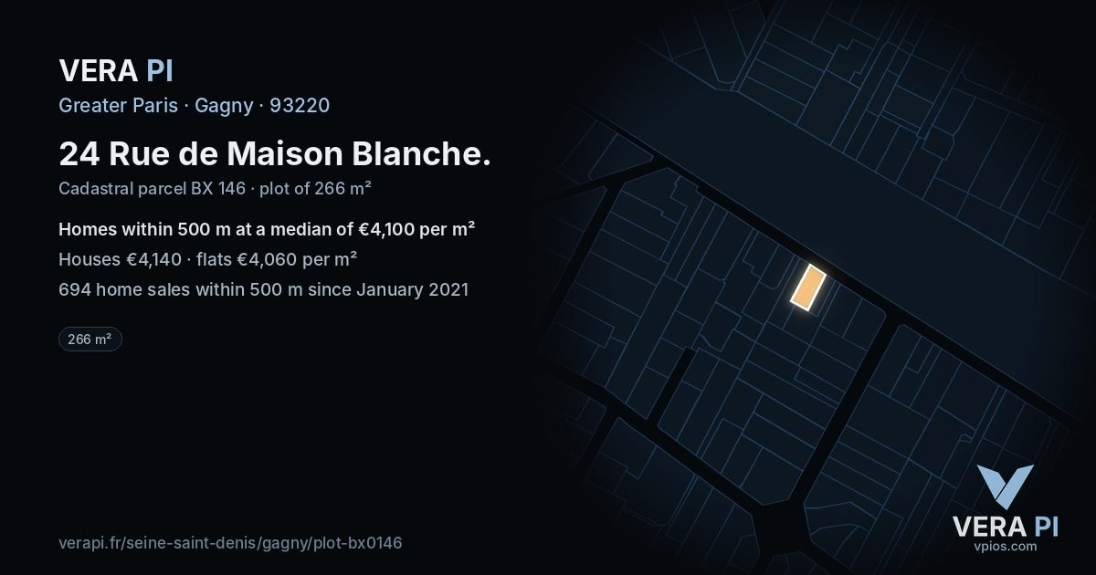 24 Rue de Maison Blanche, Gagny at night – the plot lit, the parcels around coloured by the prices near them