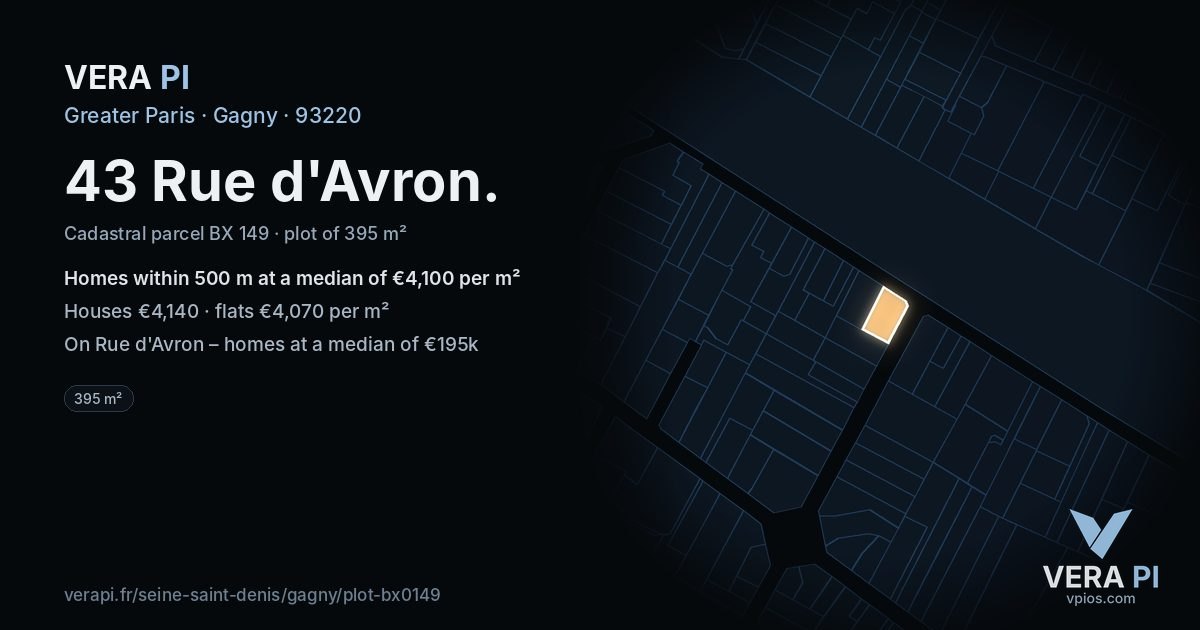 43 Rue d'Avron, Gagny at night – the plot lit, the parcels around coloured by the prices near them