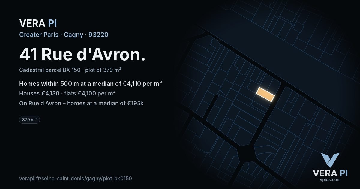 41 Rue d'Avron, Gagny at night – the plot lit, the parcels around coloured by the prices near them