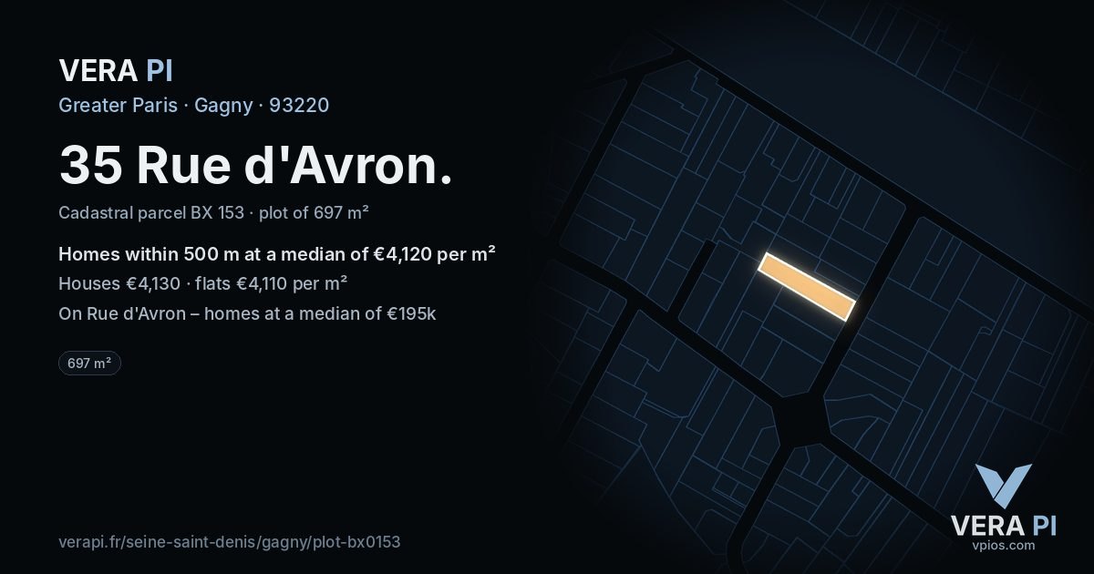 35 Rue d'Avron, Gagny at night – the plot lit, the parcels around coloured by the prices near them