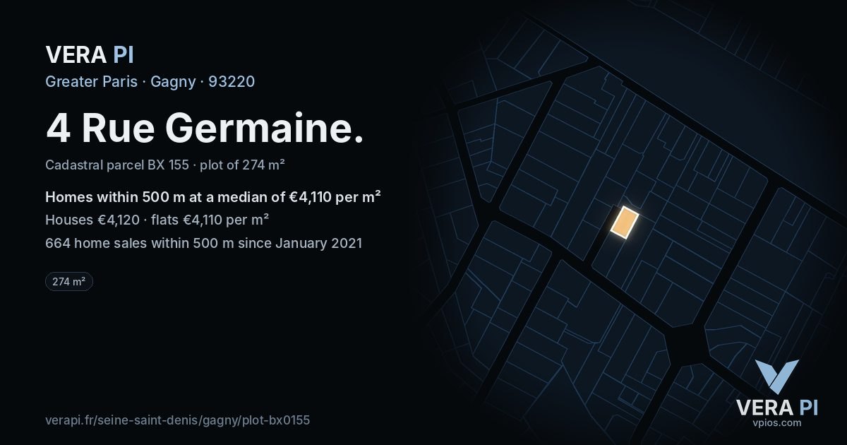 4 Rue Germaine, Gagny at night – the plot lit, the parcels around coloured by the prices near them