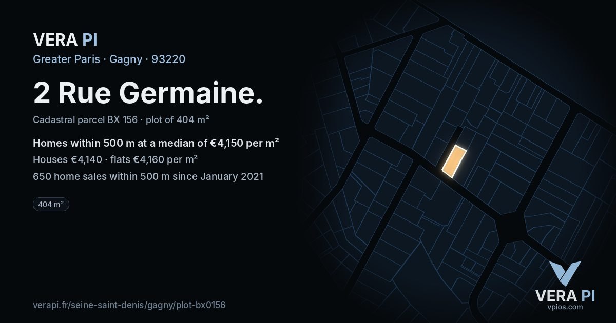 2 Rue Germaine, Gagny at night – the plot lit, the parcels around coloured by the prices near them