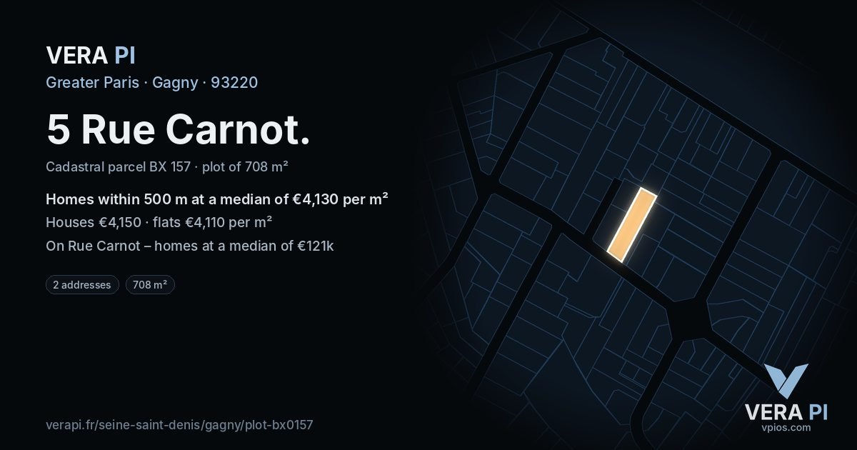 5 Rue Carnot, Gagny at night – the plot lit, the parcels around coloured by the prices near them