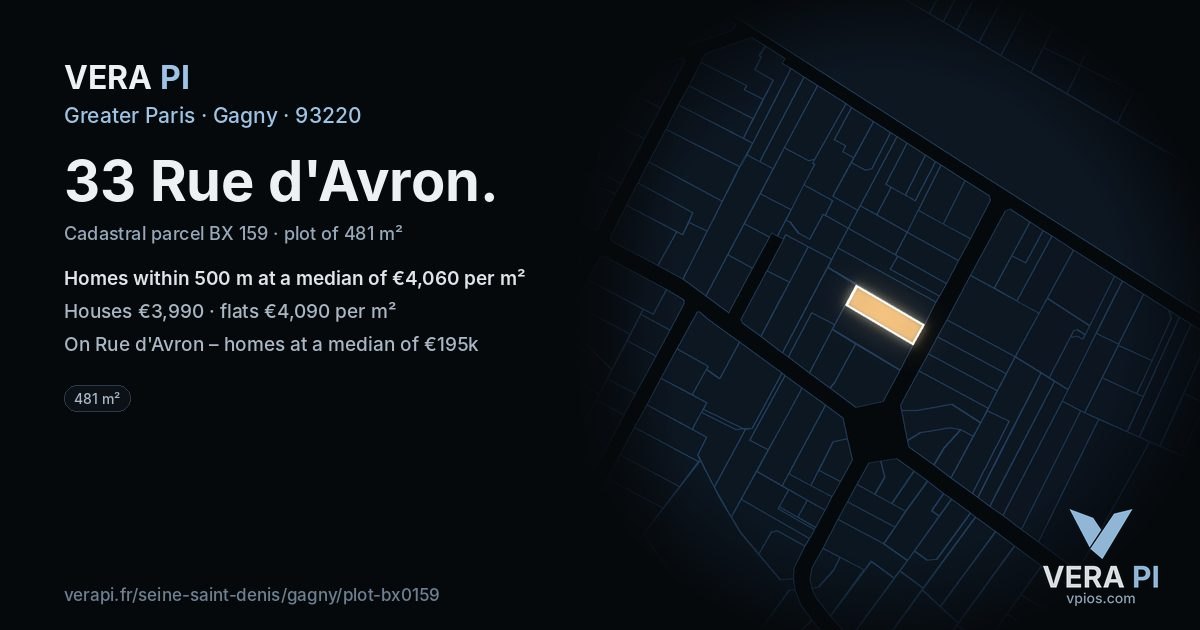 33 Rue d'Avron, Gagny at night – the plot lit, the parcels around coloured by the prices near them