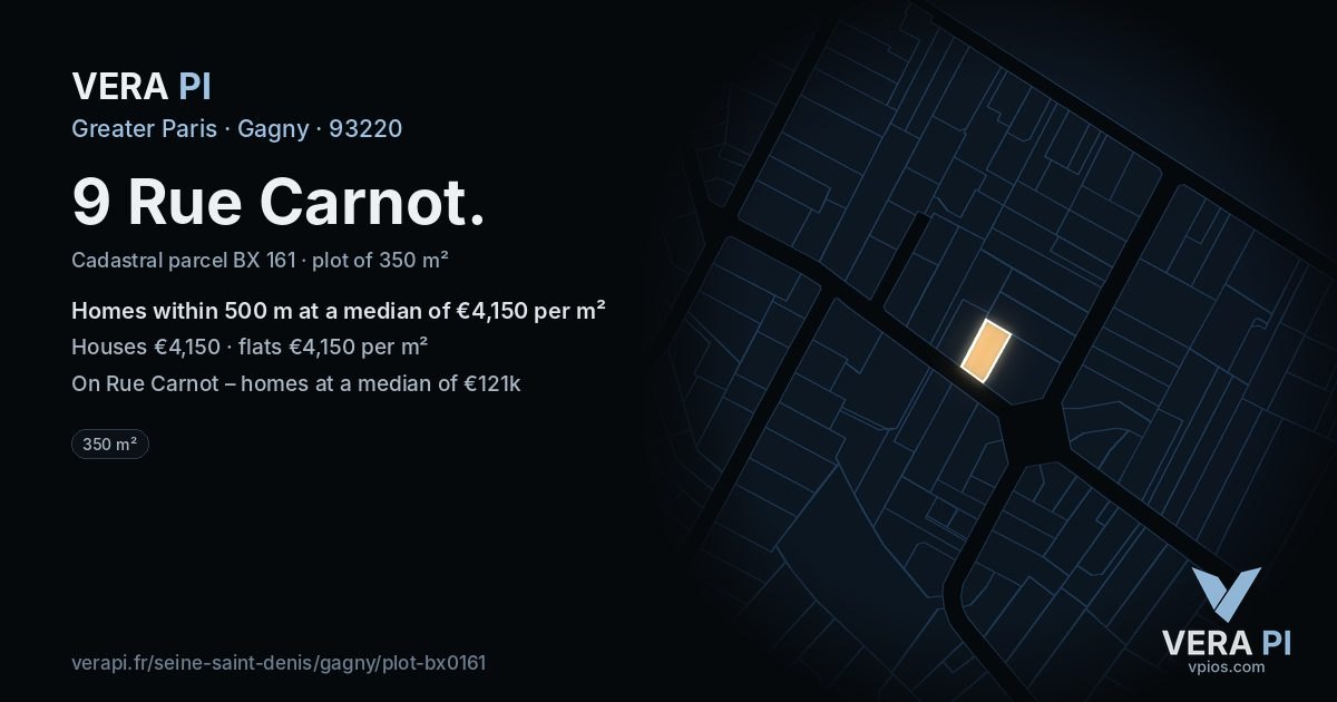 9 Rue Carnot, Gagny at night – the plot lit, the parcels around coloured by the prices near them