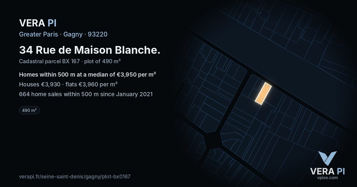 34 Rue de Maison Blanche, Gagny at night – the plot lit, the parcels around coloured by the prices near them