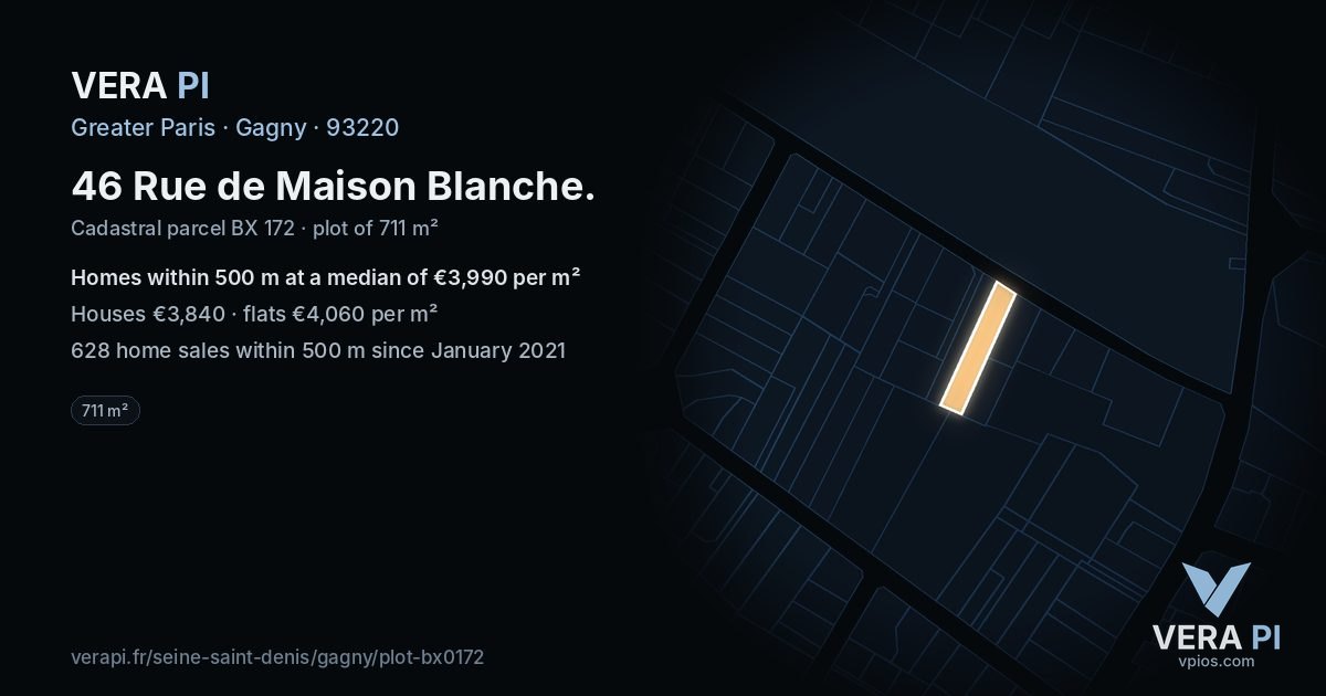 46 Rue de Maison Blanche, Gagny at night – the plot lit, the parcels around coloured by the prices near them