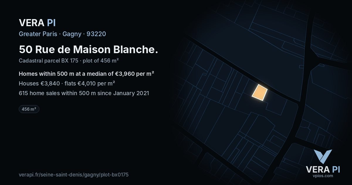 50 Rue de Maison Blanche, Gagny at night – the plot lit, the parcels around coloured by the prices near them