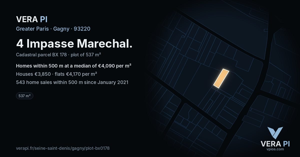 4 Impasse Marechal, Gagny at night – the plot lit, the parcels around coloured by the prices near them