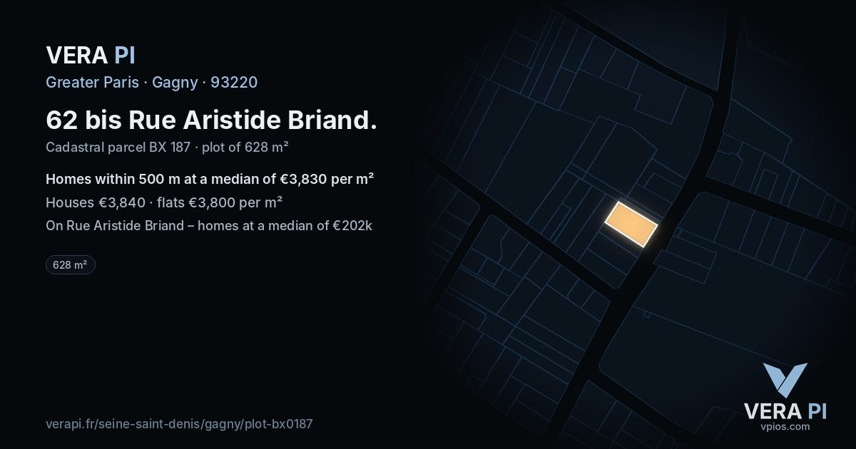 62 bis Rue Aristide Briand, Gagny at night – the plot lit, the parcels around coloured by the prices near them
